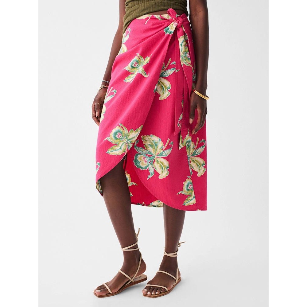 Faherty Pacifica Wrap Skirt Pink Tropical Orchid Floral Seersucker Midi Small